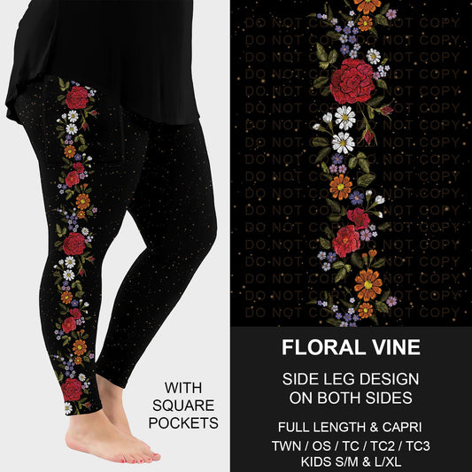 B249 - Preorder Floral Vine Side Design Leggings w/ Pockets (Closes 8/31. ETA: late Oct.)