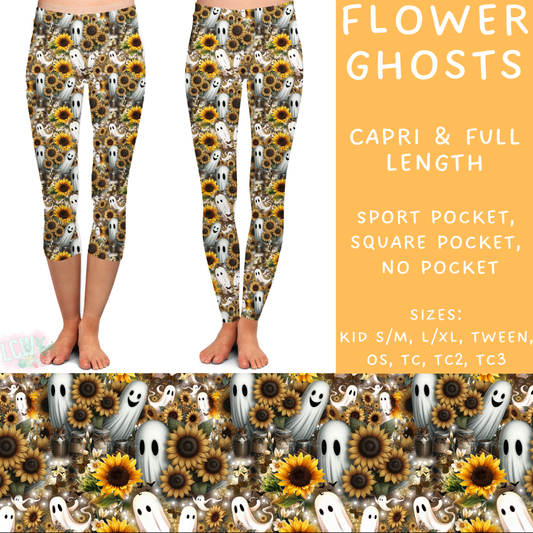 Ready To Ship - Flower Ghosts Full Length Leggings - Square Pocket OS & TC