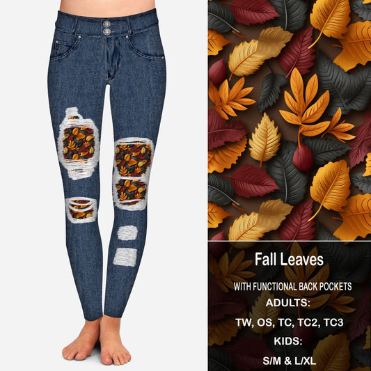 Fall Leaves Faux Denim Peekaboo Leggings with Pockets