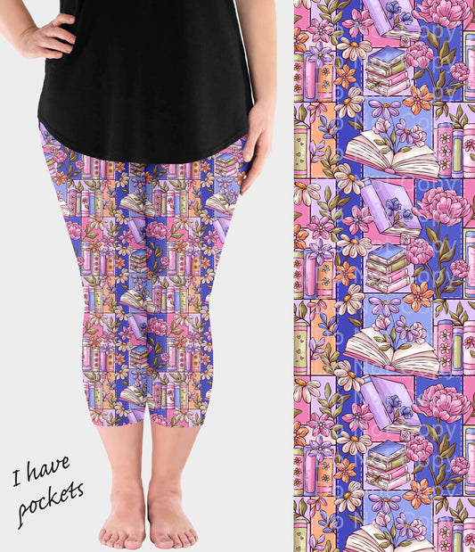 RTS - Floral Book Patchwork Capri Leggings w/ Pockets - Alonna's Legging Land