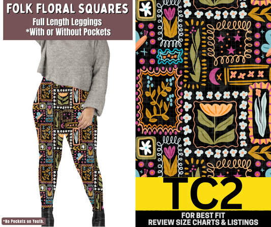 Folk Floral Squares Full Length Leggings w/ Pockets