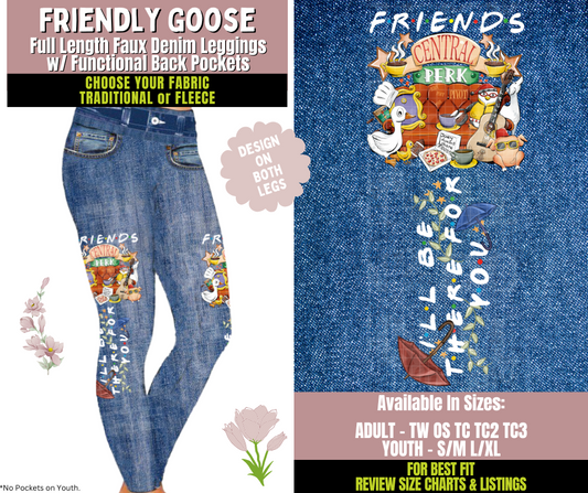 Preorder! Closes 10/8. ETA Dec. Friendly Goose Faux Denim Leggings w/ Side Leg Designs Choose Fleece or Traditional