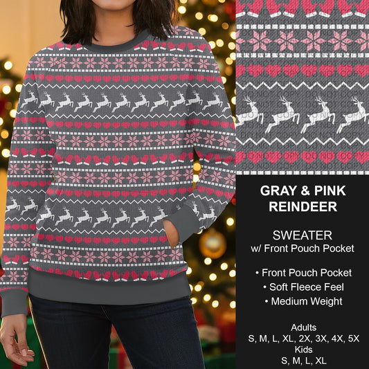 B255 - Preorder Gray and Pink Reindeer Sweater w/ Front Pocket (Closes 10/12. ETA early Dec.)