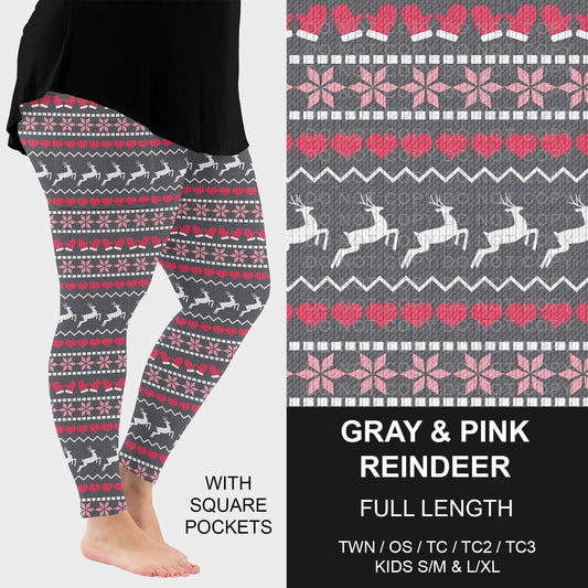 B255 - Preorder Gray and Pink Reindeer Leggings w/ Pockets (Closes 10/12. ETA early Dec.)