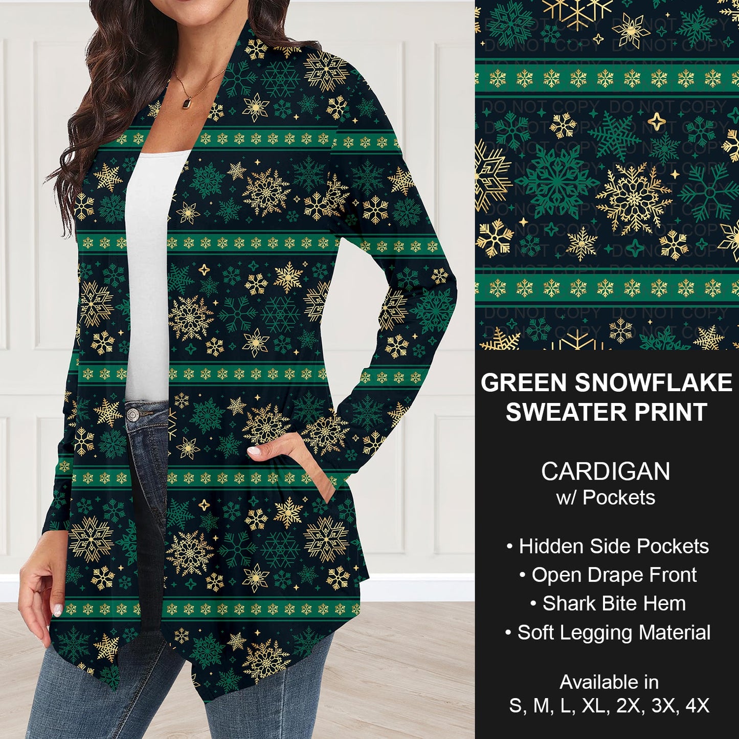 B253 - Preorder Green Snowflake Sweater Print Cardigan w/ Pockets (Closes 9/28. ETA: late Nov.)