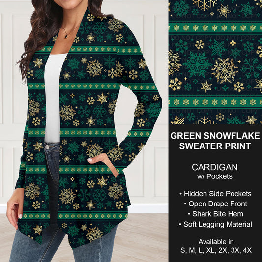 B253 - Preorder Green Snowflake Sweater Print Cardigan w/ Pockets (Closes 9/28. ETA: late Nov.)