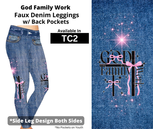 God Family Work Full Length Faux Denim w/ Side Leg Designs