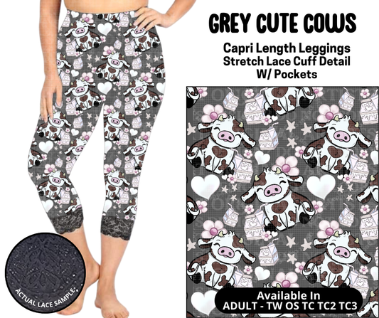 Preorder! Closes 5/12. ETA August. Grey Cute Cows Lace Cuff Capris w/ Pockets