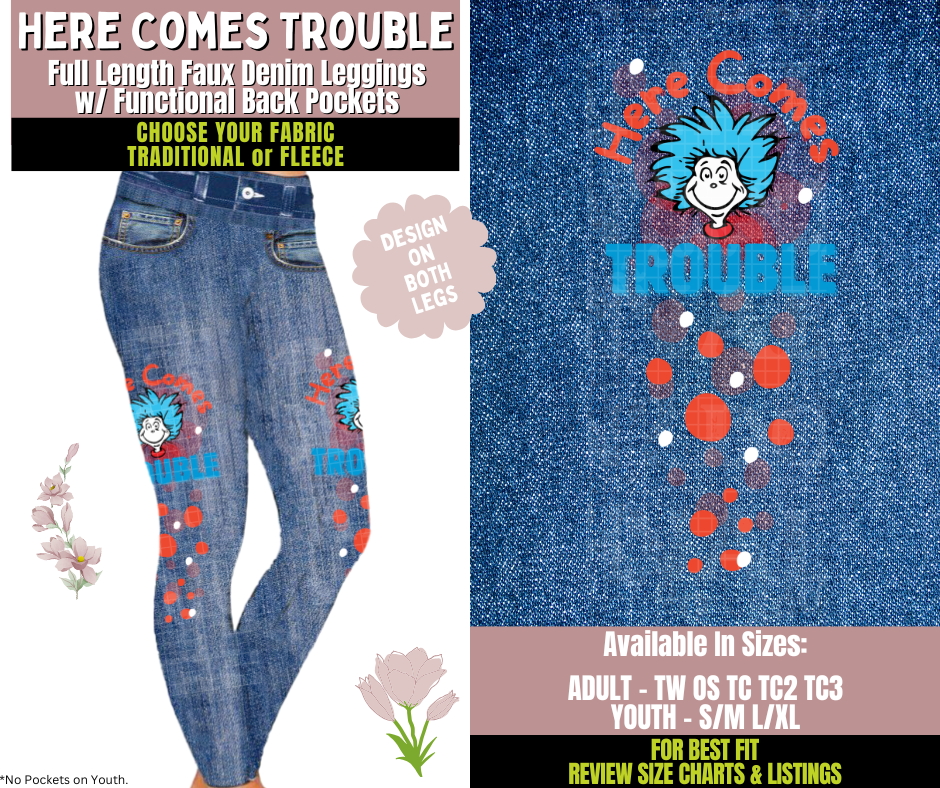 Preorder! Closes 10/8. ETA Dec. Here Comes Trouble Leggings w/ Side Leg Designs Choose Fleece or Traditional