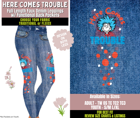 Preorder! Closes 10/8. ETA Dec. Here Comes Trouble Leggings w/ Side Leg Designs Choose Fleece or Traditional