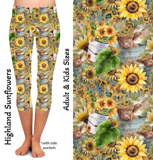 Highland Sunflowers Capri Leggings with Pockets