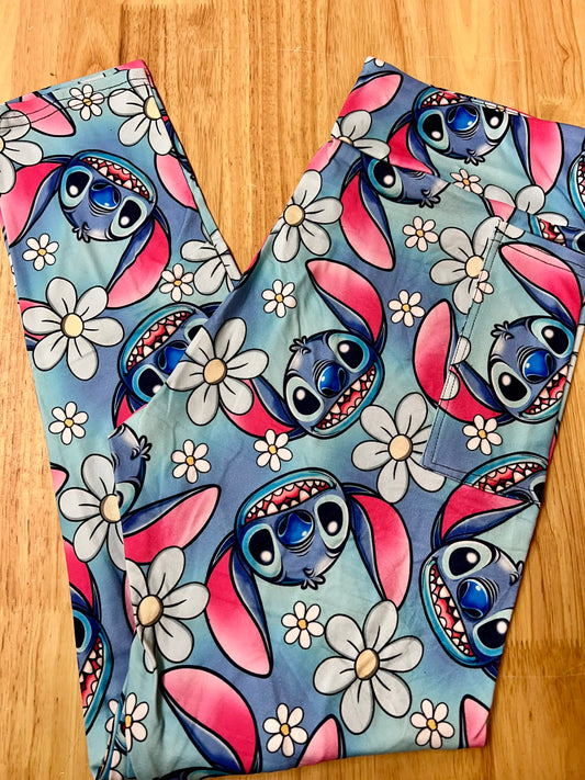 RTS - Blue Aloha Alien Biker/Capris/Leggings with High Side Pockets - Alonna's Legging Land