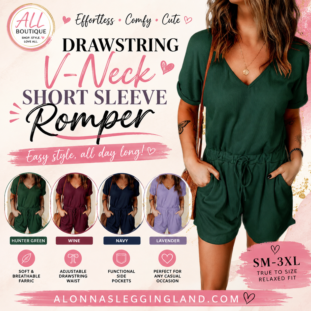 Drawstring V-Neck Short Sleeve Romper - Alonna's Legging Land