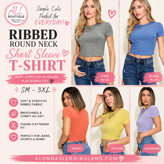 Ribbed Round Neck Short Sleeve T-Shirt - Alonna's Legging Land