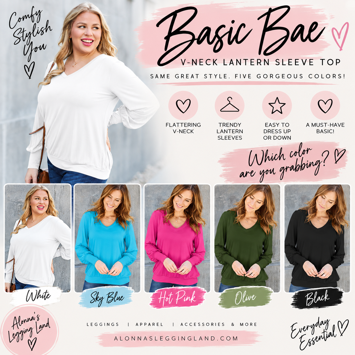 V-Neck Lantern Sleeve Top - Alonna's Legging Land