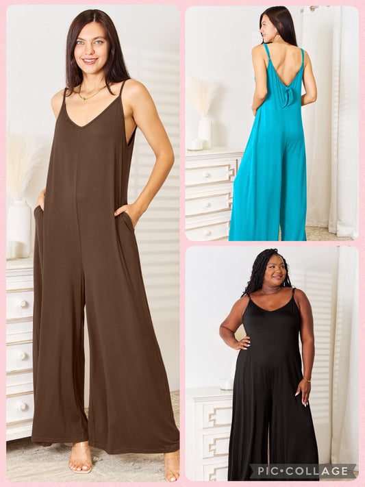 Soft Rayon Spaghetti Strap Tied Wide Leg Jumpsuit - 3 Colors Available!