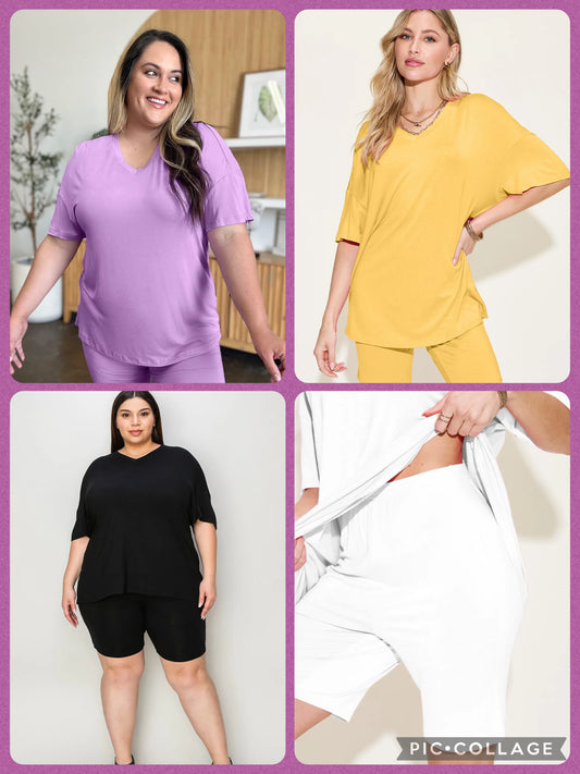 Basic Bae Bamboo V-Neck Drop Shoulder T-Shirt and Shorts Set- Multiple Color Options!