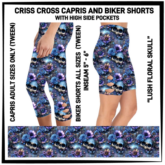 CS8S - Lush Floral Skull Criss Cross Capris/Biker Shorts with Pockets - Preorder Closing 3/5 ETA: Early May