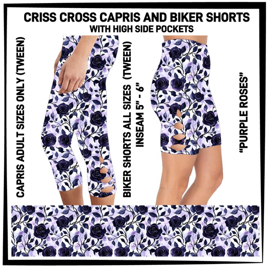 CS8S - Purple Roses Criss Cross Capris/Biker Shorts with Pockets - Preorder Closing 3/5 ETA: Early May