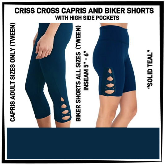 CS8S - Solid Teal Criss Cross Capris/Biker Shorts with Pockets - Preorder Closing 3/5 ETA: Early May
