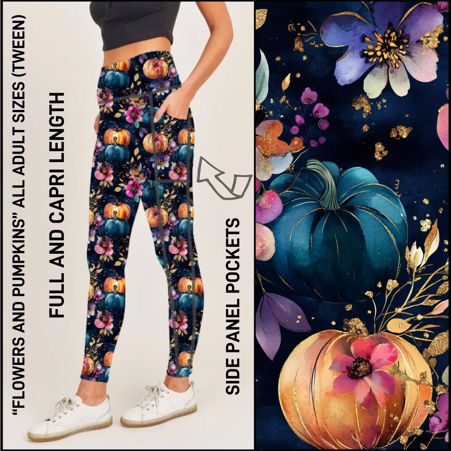 RTS - Flowers and Pumpkins Leggings with Side Panel Pockets