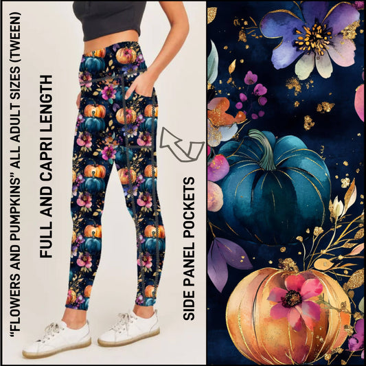 RTS - Flowers and Pumpkins Leggings with Side Panel Pockets
