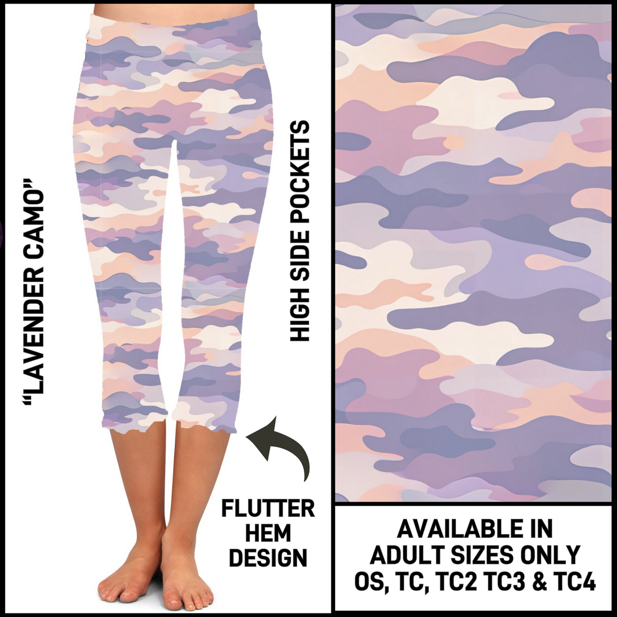 RTS - Lavender Camo Flutter Hem Capris with Pockets