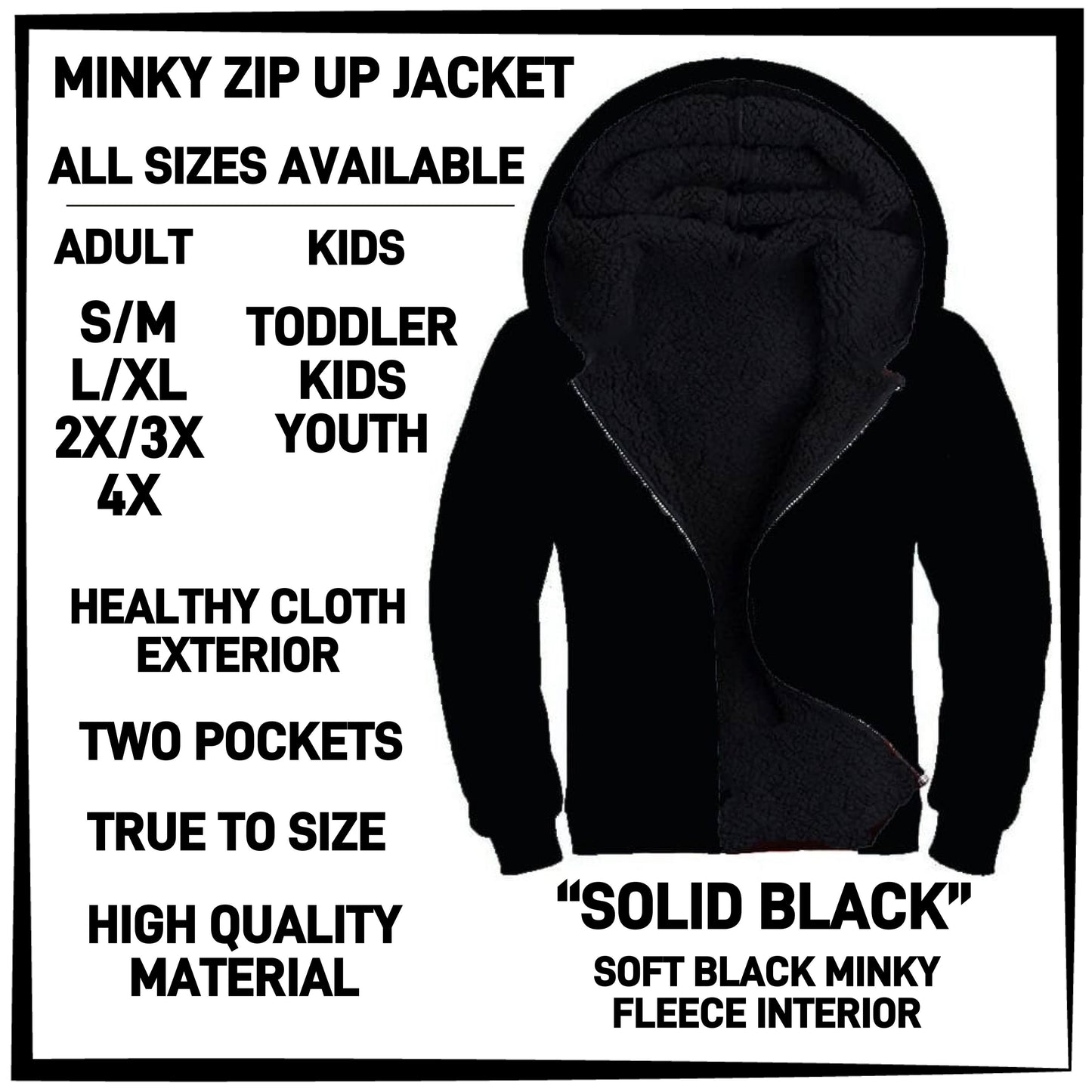 MK3J - Solid Black Minky Zip Up Jacket - Preorder Closing 12/23 ETA: Late Feb