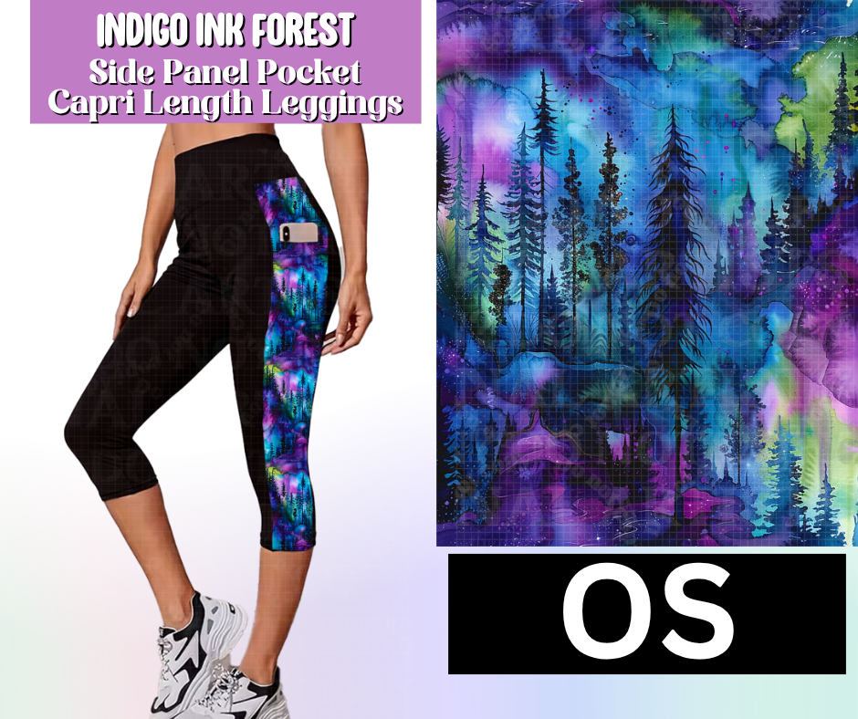 Indigo Ink Forest Side Panel Pocket Capri Length Leggings