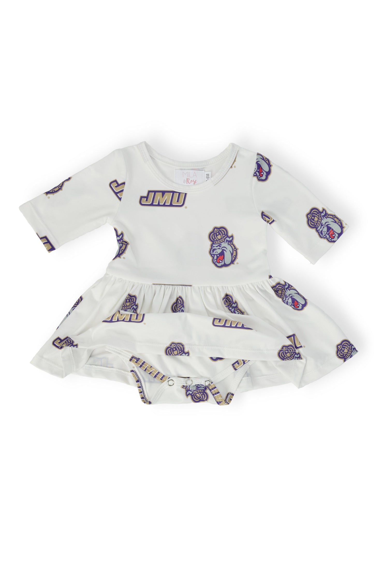 JMU White Duke Dog 3/4 Sleeve Twirl Bodysuit