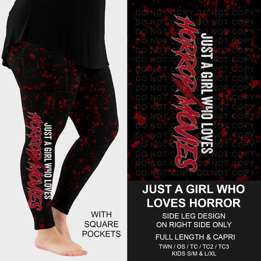 B249 - Preorder Just a Girl Who Loves Horror Movies Side Design Leggings w/ Pockets (Closes 8/31. ETA: late Oct.)