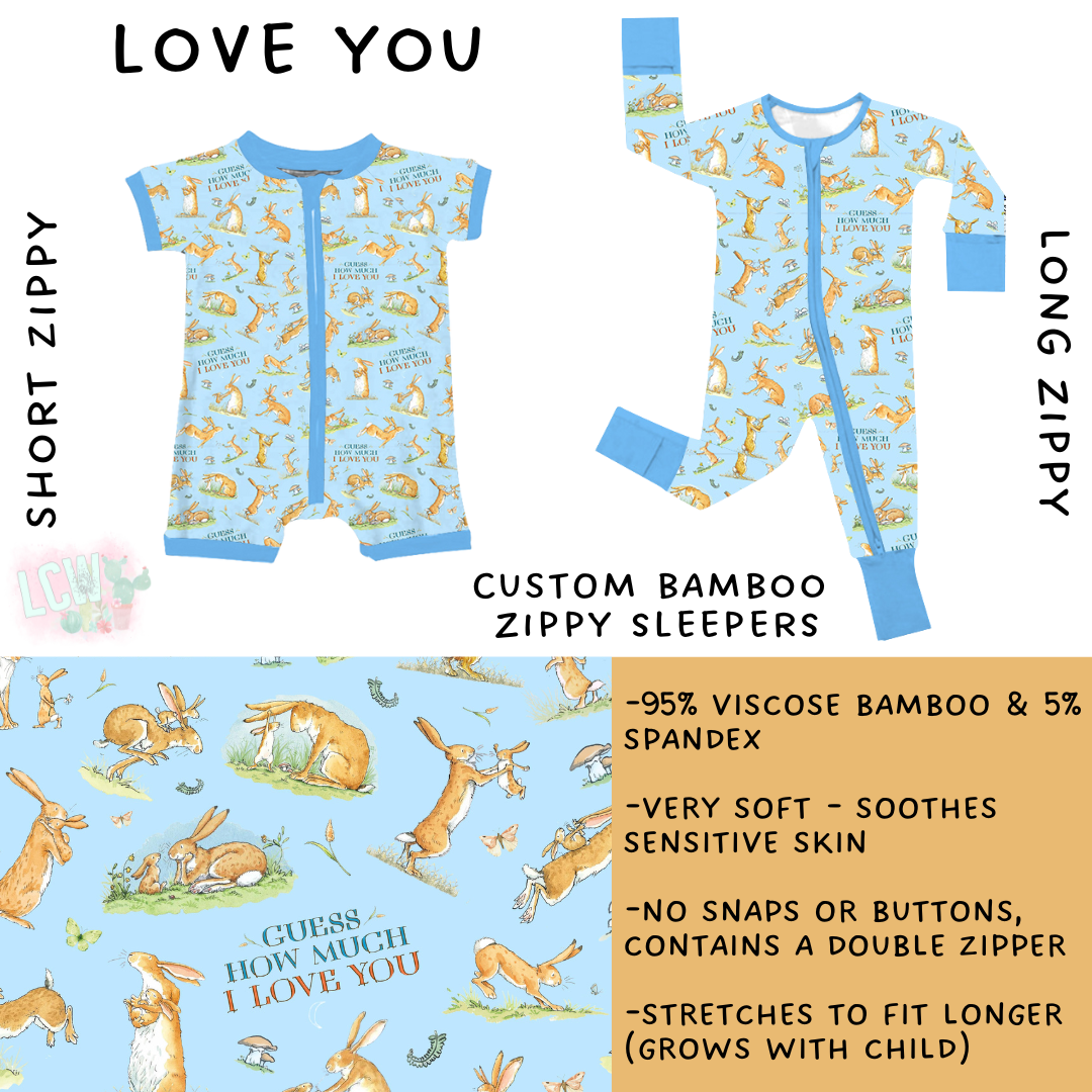 Ready To Ship - Love You Short Zip - 6 - 12 Mos & Long Zip - 2T, 3T & 4T