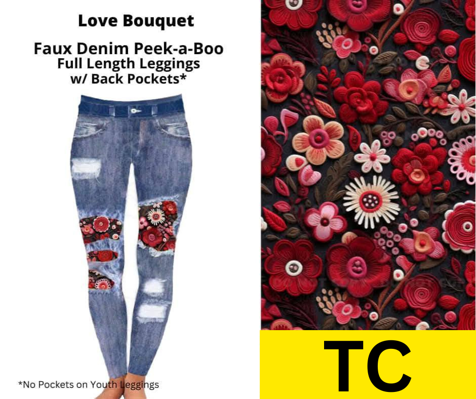 Love Bouquet Faux Denim Full Length Peekaboo Leggings