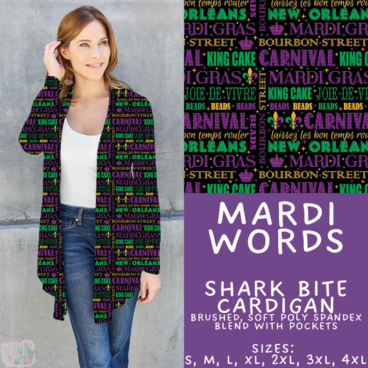 Batch #605 - Mardi Party - Closes 10/28 - ETA late Dec - Mardi Words Cardigan