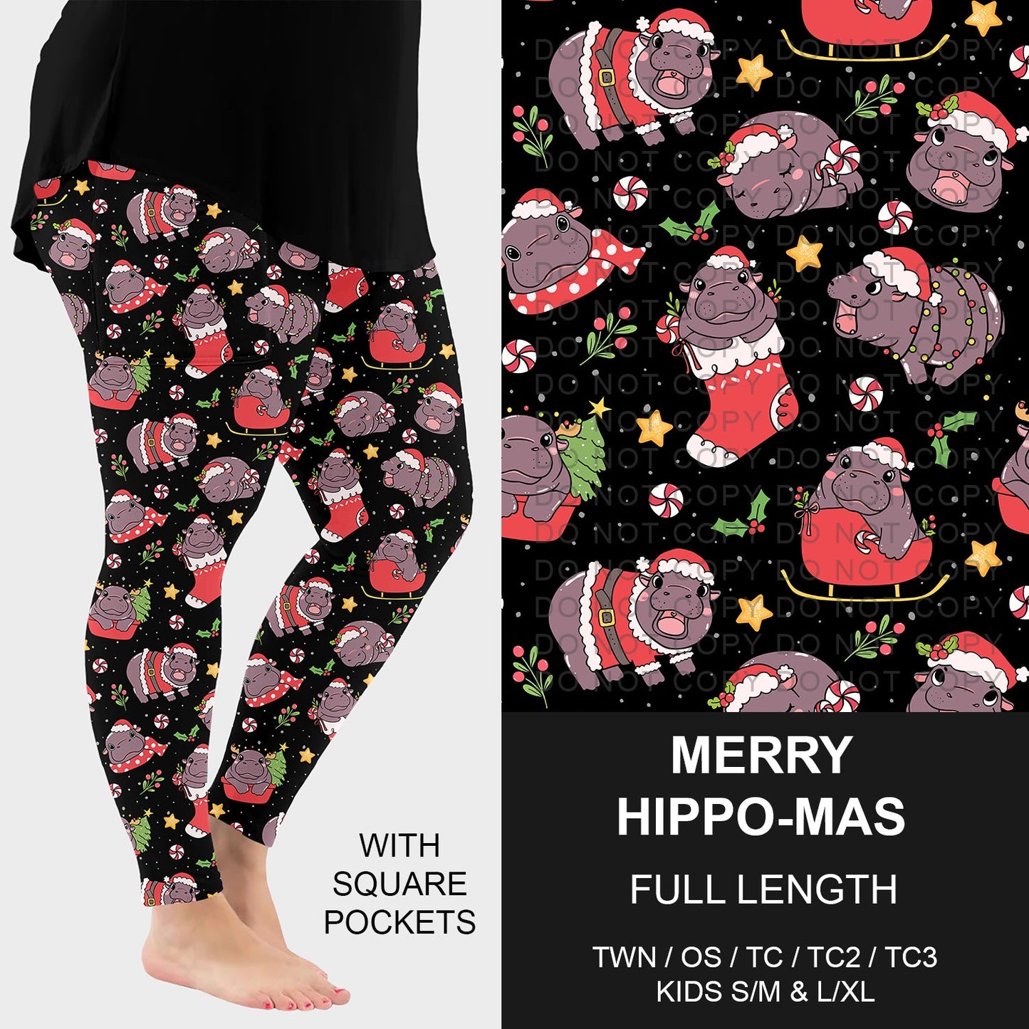 B254 - Preorder Merry Hippo-mas Leggings w/ Pockets (Closes 10/05. ETA early Dec.)