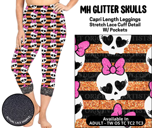 Preorder! Closes 5/12. ETA August. MH Glitter Skulls Lace Cuff Capris w/ Pockets