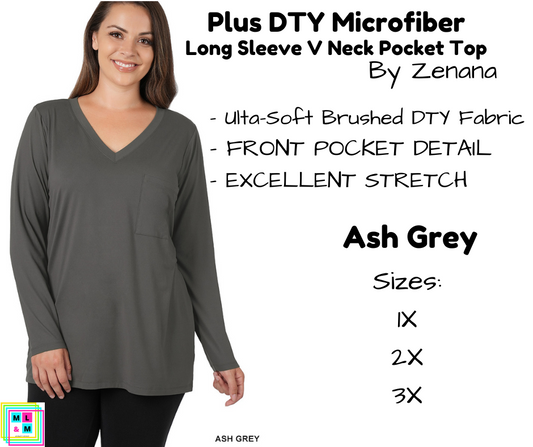 PLUS DTY Microfiber Long Sleeve V Neck Pocket Top - Ash Grey