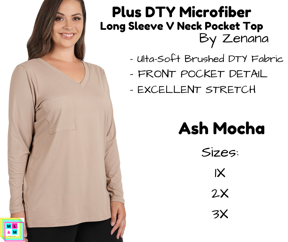 PLUS DTY Microfiber Long Sleeve V Neck Pocket Top - Ash Mocha