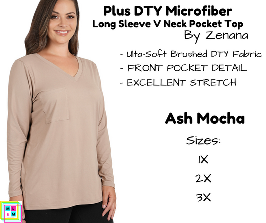 PLUS DTY Microfiber Long Sleeve V Neck Pocket Top - Ash Mocha