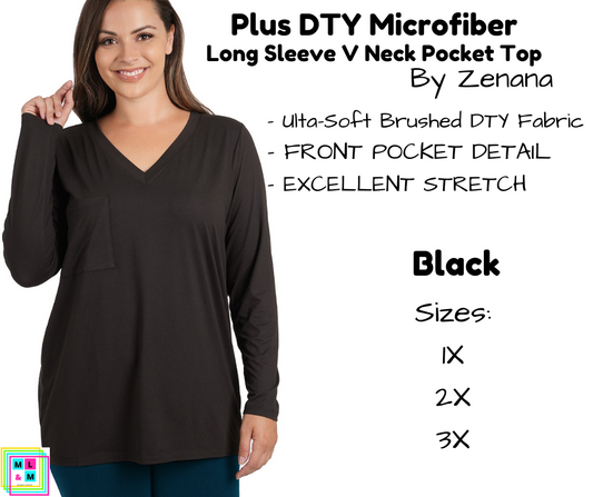 PLUS DTY Microfiber Long Sleeve V Neck Pocket Top - Black