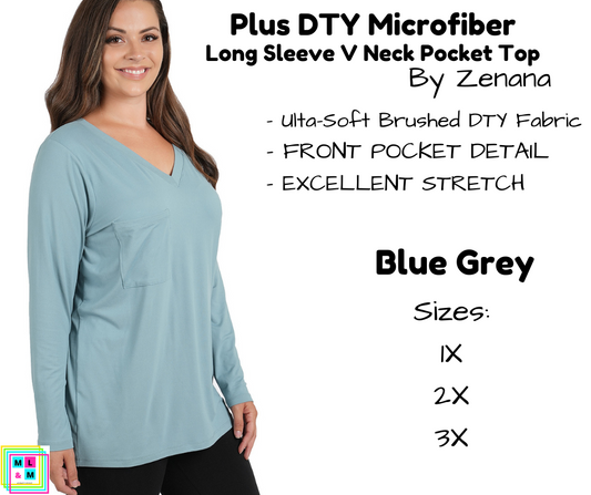 PLUS DTY Microfiber Long Sleeve V Neck Pocket Top - Blue Grey