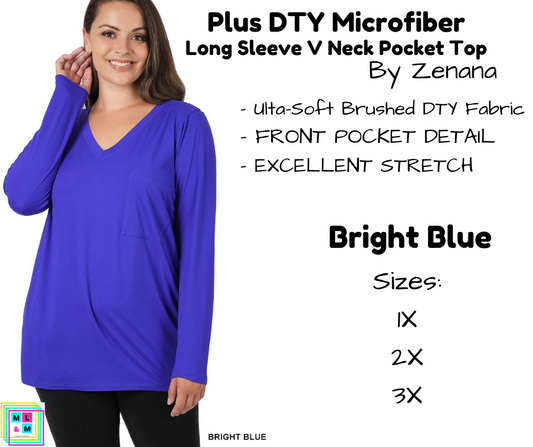 PLUS DTY Microfiber Long Sleeve V Neck Pocket Top - Bright Blue