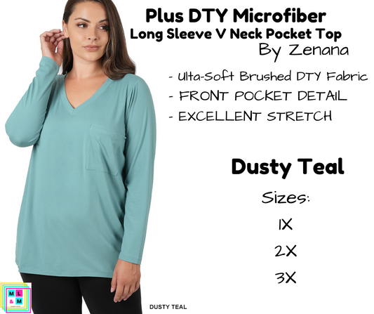 PLUS DTY Microfiber Long Sleeve V Neck Pocket Top - Dusty Teal
