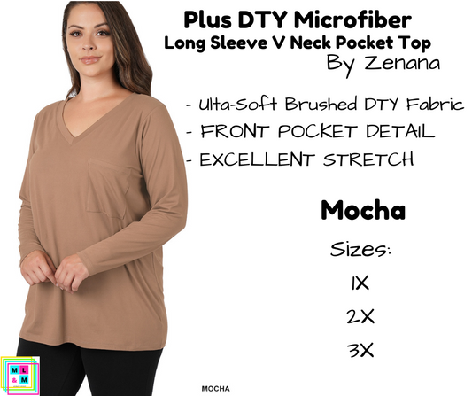 PLUS DTY Microfiber Long Sleeve V Neck Pocket Top - Mocha