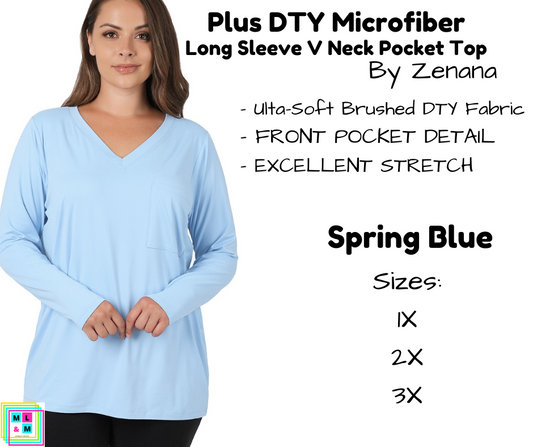 PLUS DTY Microfiber Long Sleeve V Neck Pocket Top - Spring Blue