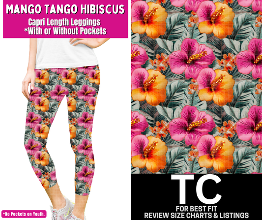 Mango Tango Hibiscus Capri Length Leggings w/ Pockets