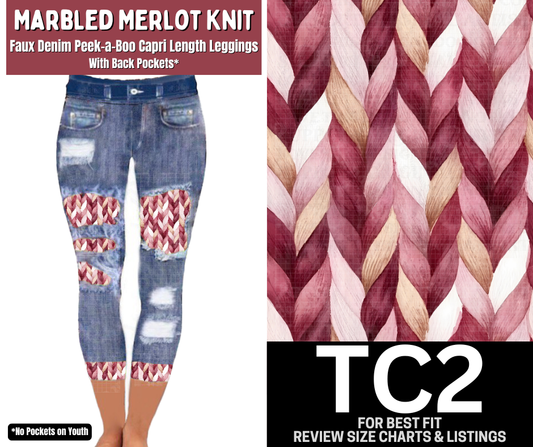 Marbled Merlot Knit Capri Faux Denim Peekaboo