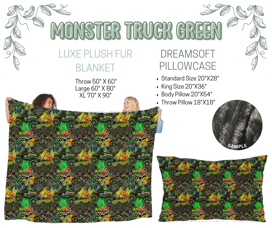 Preorder! Closes 10/9. ETA Dec. Monster Truck Green Luxe Plush Fur Blanket and/or DreamSoft Pillowcase