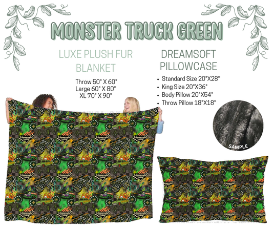 Preorder! Closes 10/9. ETA Dec. Monster Truck Green Luxe Plush Fur Blanket and/or DreamSoft Pillowcase