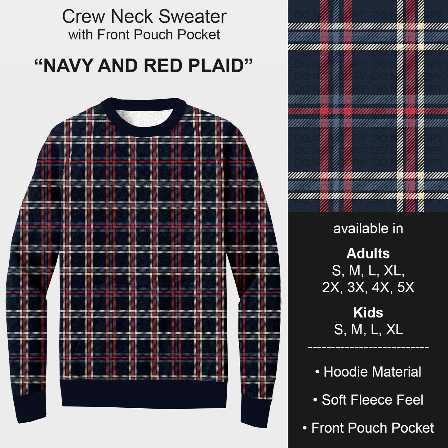 B254 - Preorder Navy and Red Plaid Sweater w/ Front Pocket (Closes 10/05. ETA early Dec.)